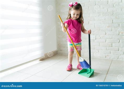 Toddler Sweeping Floor at Home Stock Image - Image of caucasian ...
