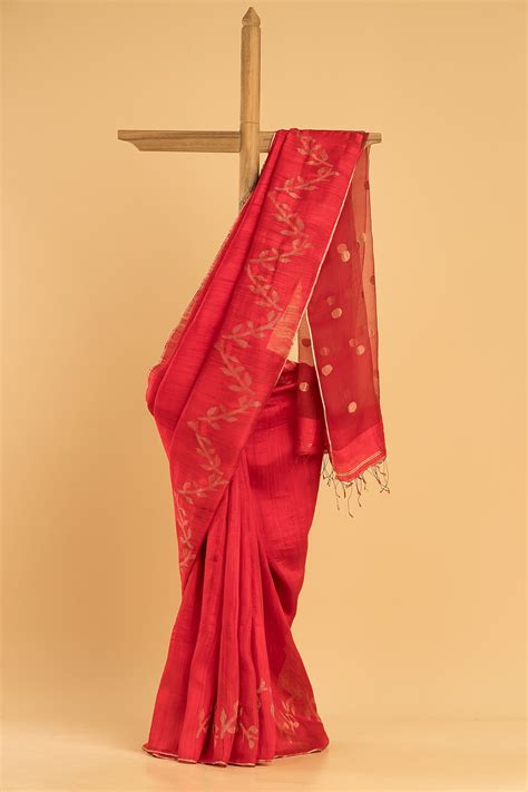 Hand Made Jamdani Saree With Classic Red - 076 – indeloom