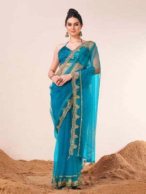 Buy Tikhi Imli Firozi Colored Net Embellished Saree with Blouse with ...