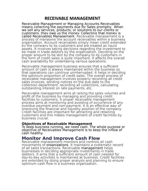 Receivable management - RECEIVABLE MANAGEMENT Receivable Management or ...