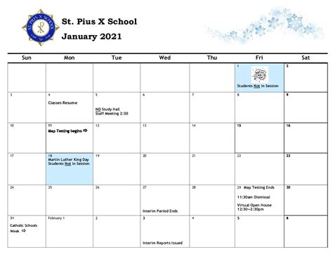 Calendar January 2021 - St. Pius X School