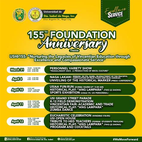 USI 155th Foundation Anniversary Calendar of Activities