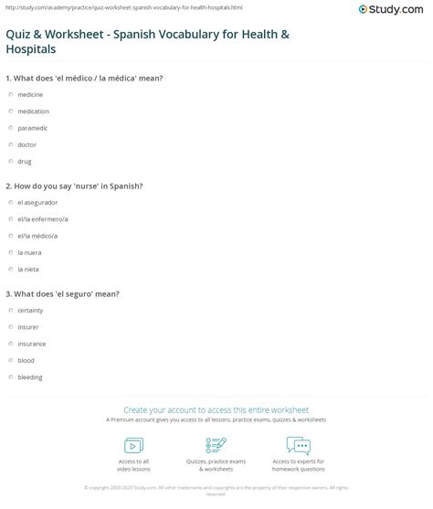 Quiz & Worksheet - Spanish Vocabulary for Health & Hospitals | Study.com