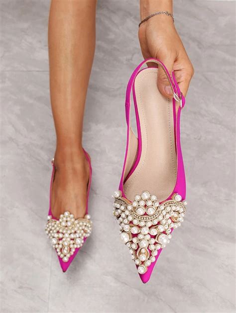 Faux Pearl & Rhinestone Decor Stiletto Heeled Slingback Pumps, Back ...