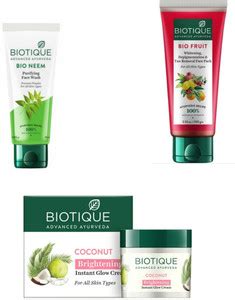 BIOTIQUE NEEM FACE WASH 50ML, FRUIT BRIGHTENING FACE PACK 100G ,COCONUT ...