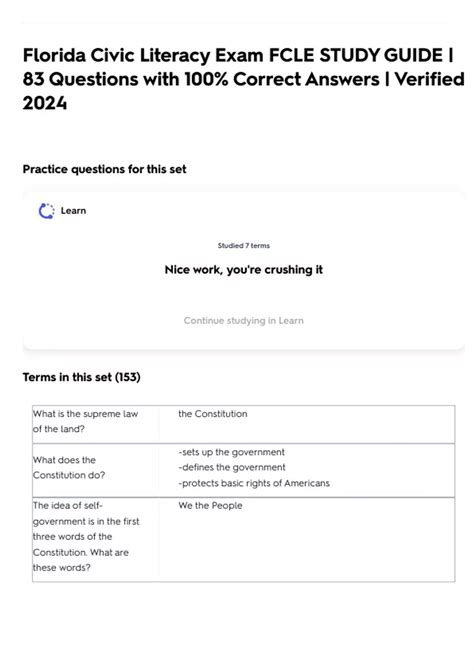 Florida Civic Literacy Exam FCLE STUDY GUIDE | 83 Questions with 100% ...