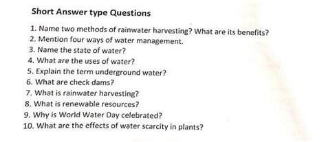 Short Answer type Questions 1. Name two methods of rainwater harvesting ...