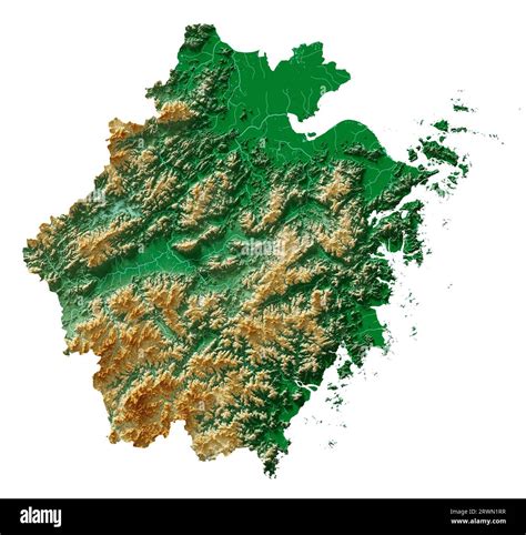 Zhejiang. A province of China. A detailed 3D rendering of a shaded relief map with rivers and ...