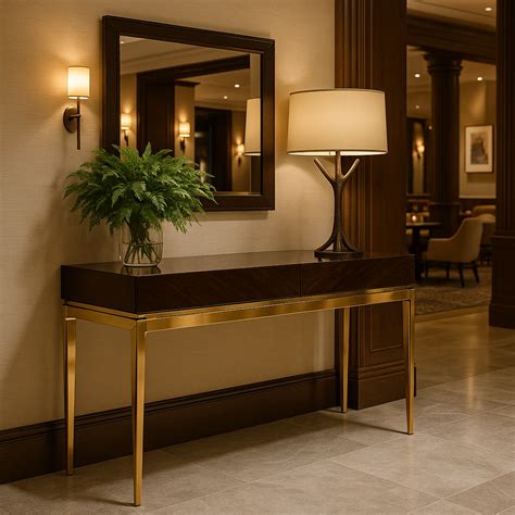 Maple Winston Wooden Console Table with Brass Trim & Mirror