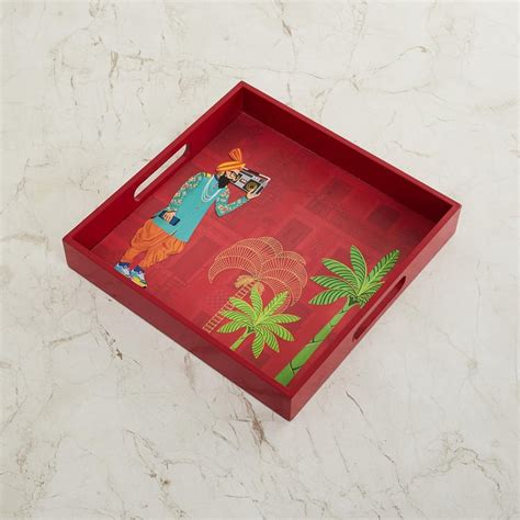 Buy Raisa Pop Street Printed Square Tray- Wood- 30 x 30 cm- Red from ...