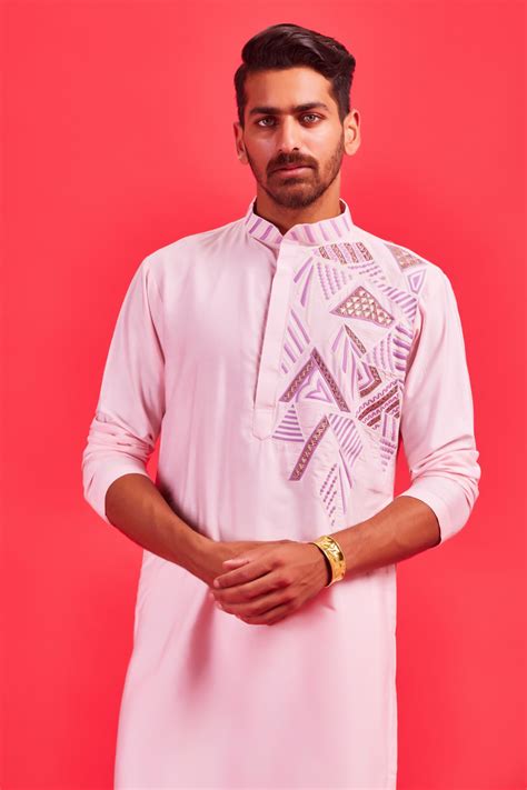 Blush Pink Self on Self Abstract One Side Embroidered Kurta With Blush