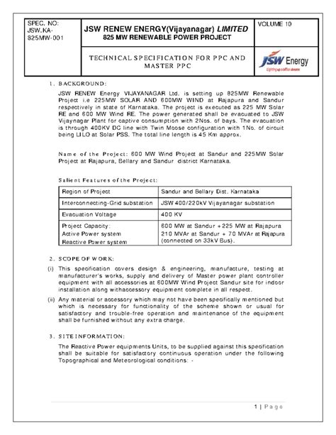 Master PPC Technical Specification for 825 MW Renewable Project - JSW ...