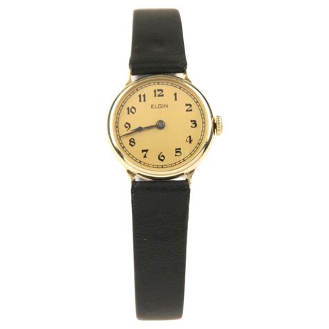 Vintage Ladies' Elgin 14k Gold Hand-Winding Watch with Black Leather ...