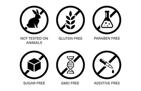 Icon set for cosmetic packages, not tested on animals, gluten, additive ...
