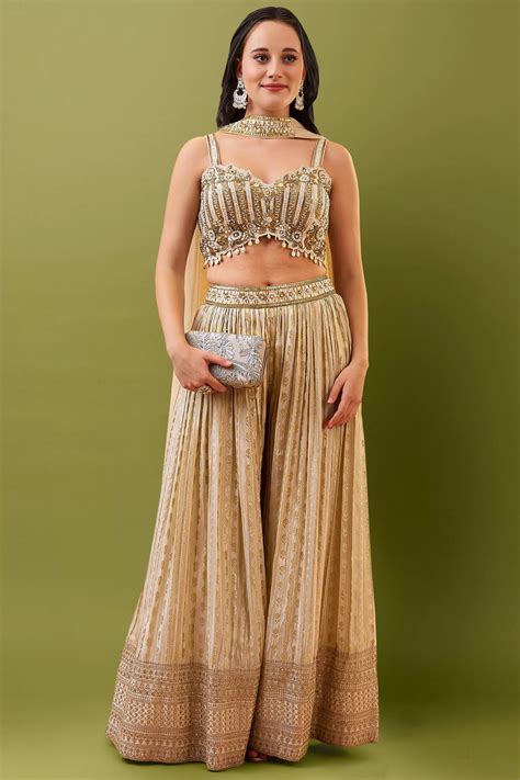 Beige Crop Top Palazzo Set with Choker Dupatta | Riyaasat