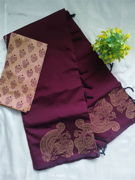 South Cotton Mix Block Printed Saree Maroon colour with additional con ...