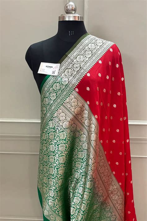 Red and Green Rudraksha Buti Katan Silk Banarasi Saree – Mohsin Textiles