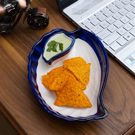 Buy Jimkia Ceramic Chip & Dip Platter (Leafy Shape With Attached Small ...