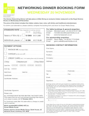 Fillable Online NETWORKING DINNER BOOKING FORM WEDNESDAY 20 NOVEMBER ...
