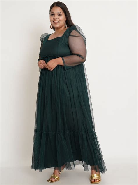 U&F Beyond Women Plus Size Green Net Maxi Dress