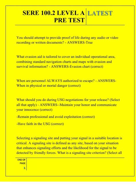 SERE 100.2 LEVEL A PRE TEST QUESTIONS AND ANSWERS 2025 - SERE 100.2 ...