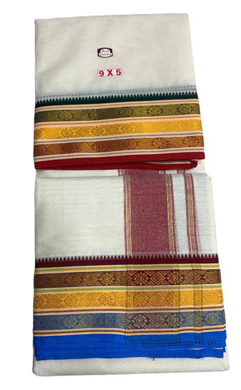 9X5 Cotton Unbleached Dhoti with Angavastram with Green,Maroon and Yel ...