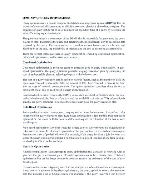 Summary of Query Optimizations - SUMMARY OF QUERY OPTIMIZATIONS Query ...