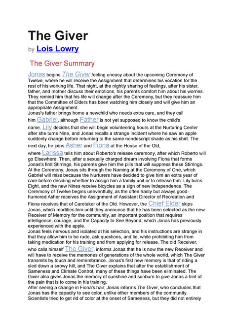 The Giver The Give2 - The Giver Lois Lowry The Giver Summary Jonas ...