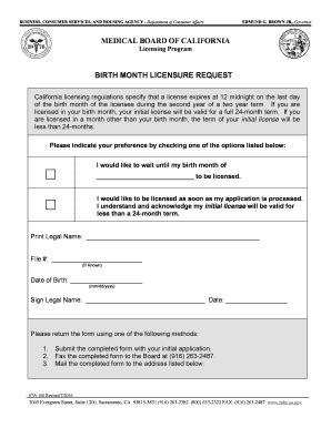 California Birth Month Licensure Request - Blank Fillable Template ...