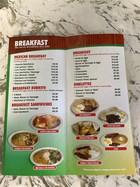 Menu at Don Angel Taqueria restaurant, Longview