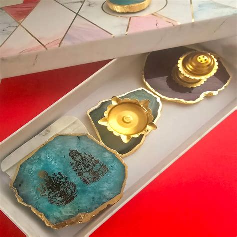 Agate Pooja Set With Laxmi Ganesha Tealight Holder , Brass Diya And In