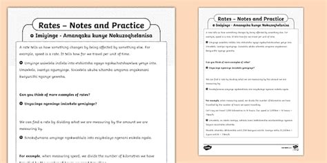 Rates – Notes and Practice Activity Sheet IsiXhosa