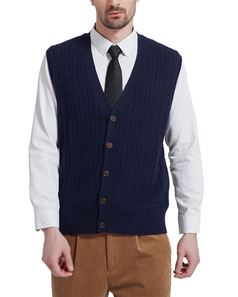 Kallspin Men's Wool Blend Cable-Knit V Neck Sleeveless Cardigan Vest ...