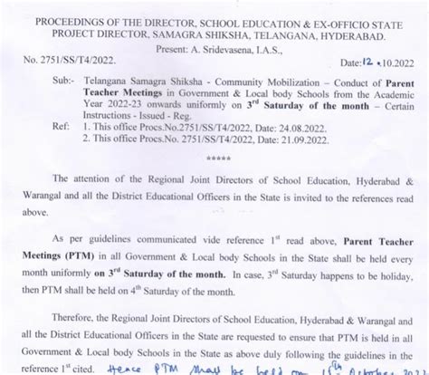 Parents Teachers Meeting on 15/10/2022 Guidelines in Telugu