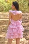 Buy Pink Organza Beads, Cut Work Halter Neck Ruffled Tiered Dress For ...