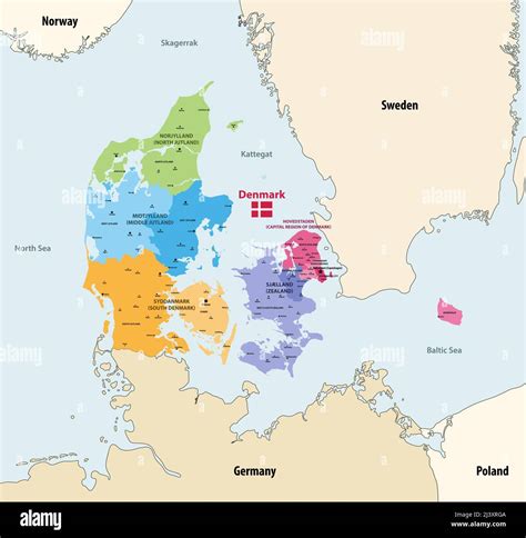 Denmark regions vector map with main cities and with neighbouring countries and territories ...
