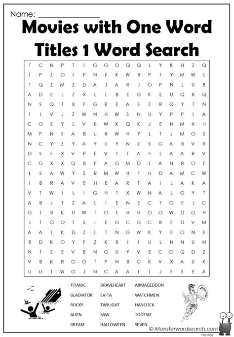 Movies with One Word Titles 1 Word Search- Monster Word Search