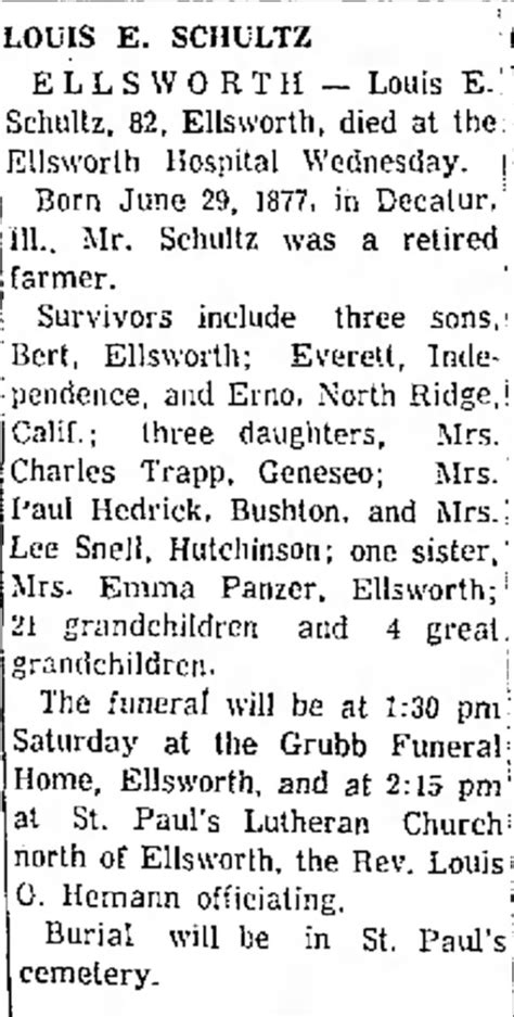 "Louis E. Schultz," obituary, The Salina Journal (Salina, Kansas), 27 ...