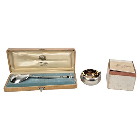 Antique Russian Tsarist .888 Silver Serving Spoon and Open Salt Cellar ...