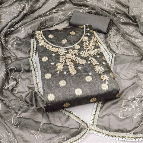 Grey Woven Banarasi Silk Dress Material