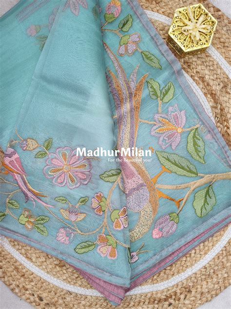 FLORAL EMBROIDERY WORK TISSUE ORGANZA SAREE DUSTY RAMA – Madhur Milan