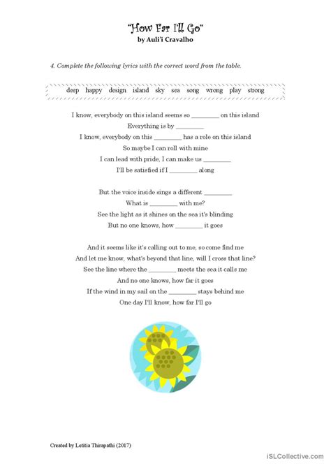 How Far I'll Go (Moana) song and nu…: English ESL worksheets pdf & doc