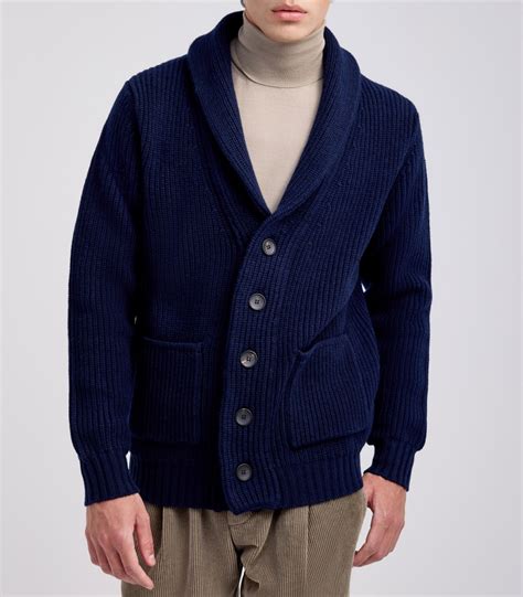 NAVY BLUE WOOL AND CASHMERE SHAWL-COLLAR CARDIGAN