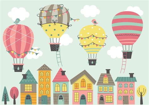 Hot Air Balloons Colorful City Nursery Wallpaper Mural For Walls
