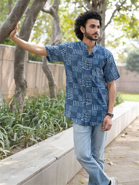 Buy Dabu Hand Block Printed Cotton Shirt - Indigo Stripes Online