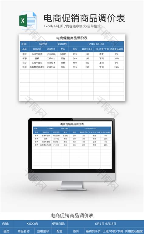 电商促销商品调价表Excel模板_千库网(excelID：169390)