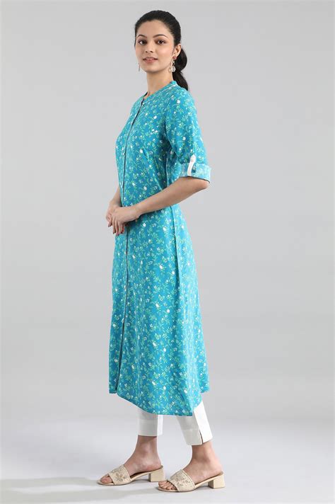 Buy Blue Ethnic Floral Print kurta in Band Collar Online for Woman ...