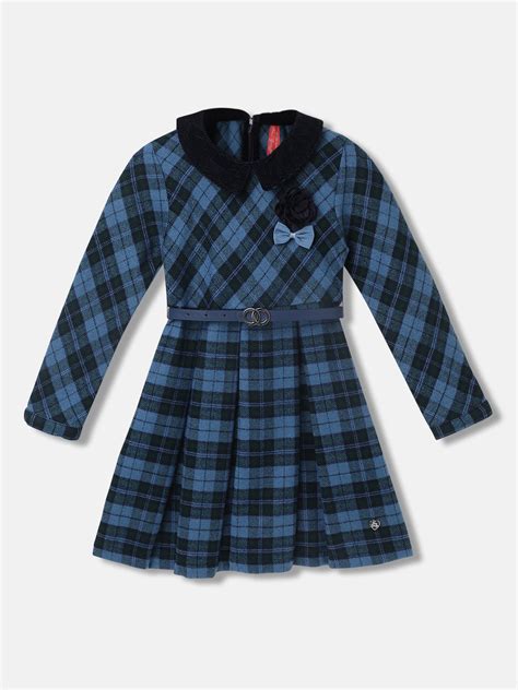 Shop Blue Giraffe Girls Checked Full Sleeves Peter Pan Collar Dress ...