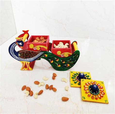 Wooden Peacock Dry Fruit Shape Box 2 - Oxyroots Handicraft