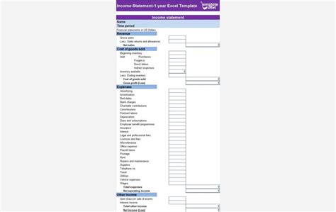 Income Statement Template - Excel for 1 Year - Free Download